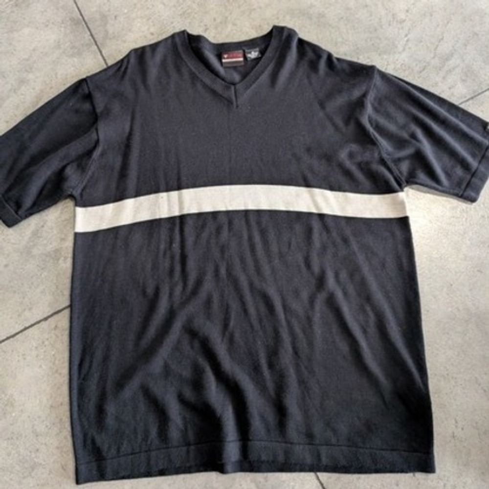 Vintage 1990's Guess Jeans Black and White Stripe V-Neck‎ Sweater Men's Medium